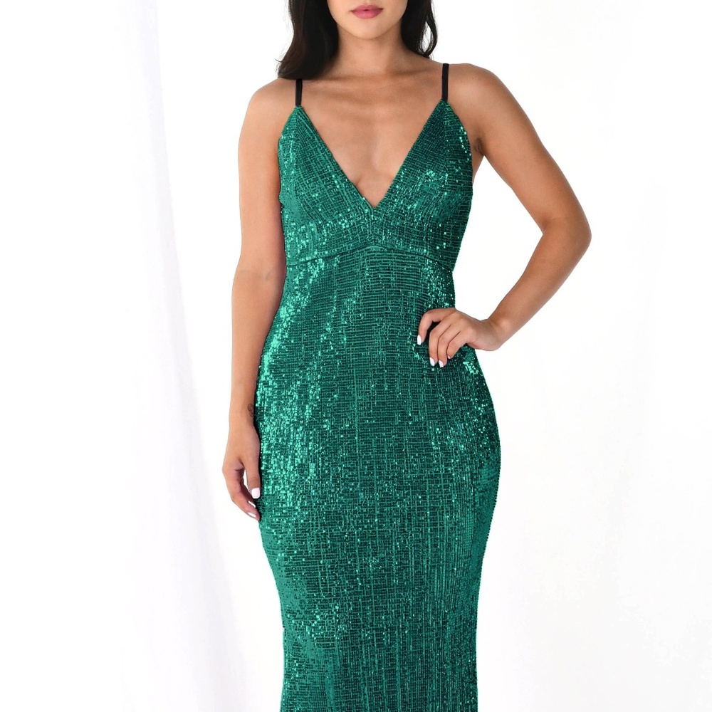 Green Emerald Sequin Mermaid Maxi Dress Formal
